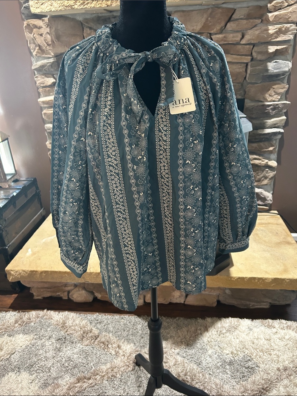 a.n.a Teal Floral Stripe Tie-Neck Blouse